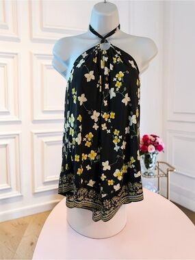 INC Floral Halter Top Small Ring Neck Handkerchief Hem Y2K Boho Black